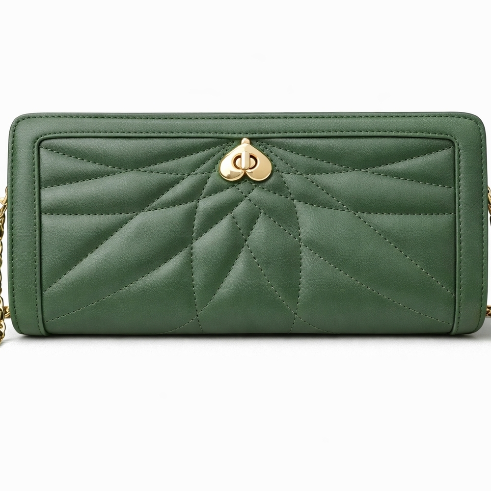 Quilted Green Leather Crossbody Wallet with Gold Turn-Lock